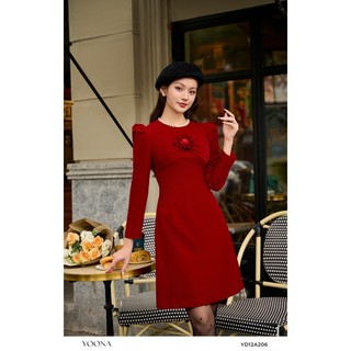 Váy đầm thiết kế nhung tăm đỏ dáng A tay bồng họa tiết hoa YOONA - YD12A206