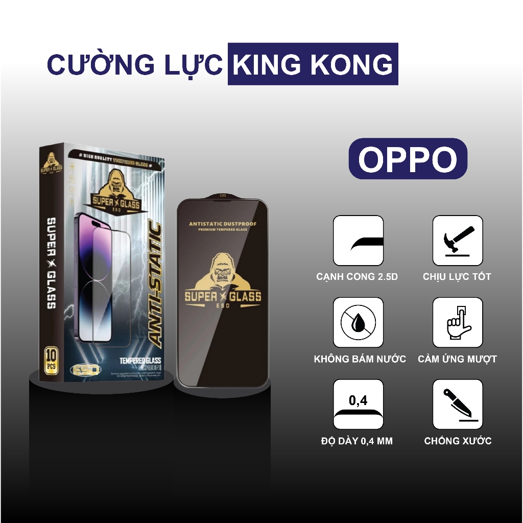 Kính cường lực Oppo A3S / A1K/ Realme C2 KingKong full màn, chống bám bụi, bám nước