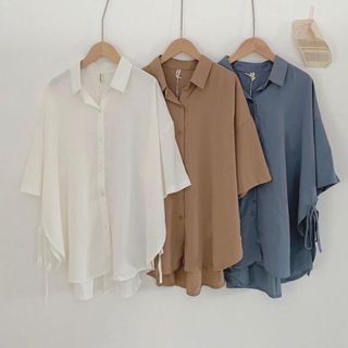 Áo sơ mi nữ form Rộng cộc tay mix đuôi tôm xẻ tà buộc nơ 2 bên sang chảnh. Áo cổ sơ mi basic trơn nhiều màu - EOBI