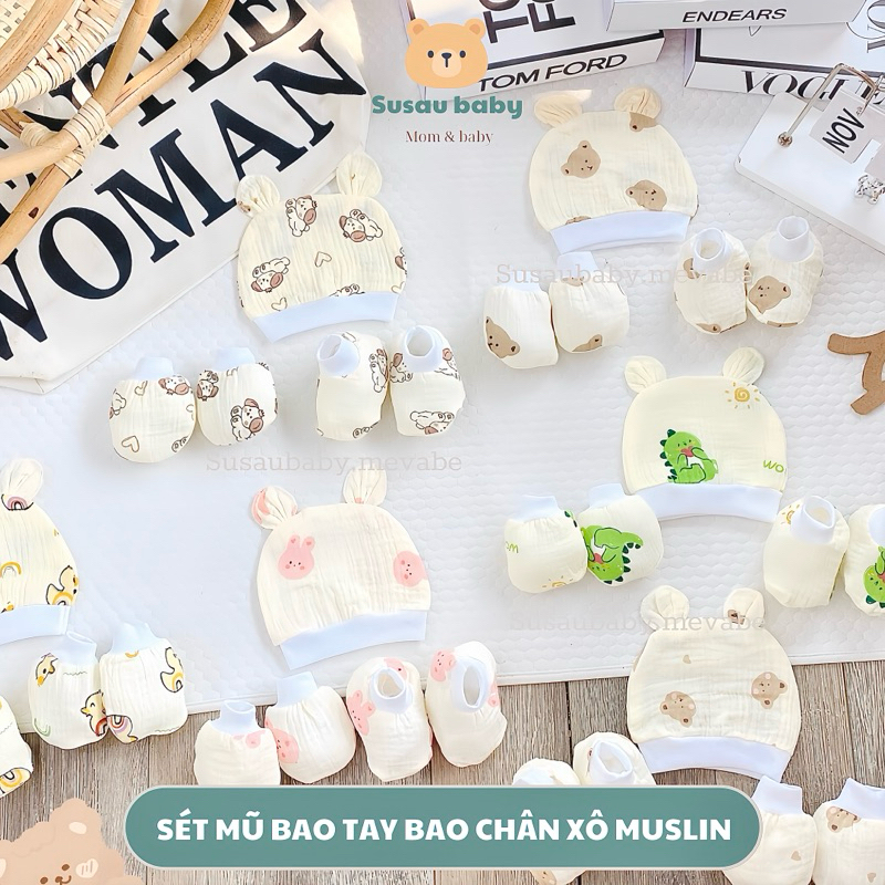 Sét Mũ - Bao Tay - Bao Chân Xô Muslin Hoạ Tiết Cho Bé sơ sinh