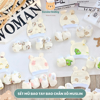 Sét Mũ - Bao Tay - Bao Chân Xô Muslin Hoạ Tiết Cho Bé sơ sinh