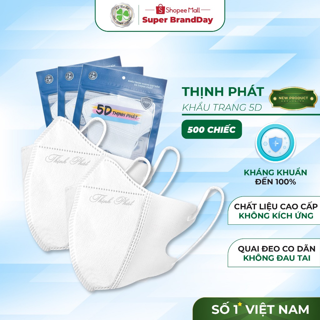 500 cái khẩu trang 5D Thịnh Phát 3 lớp kháng khuẩn kháng giọt bắn chống tia UV