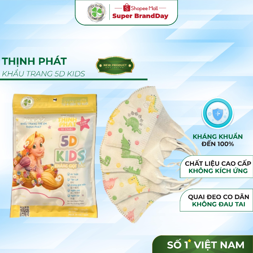 Thùng khẩu trang y tế cho bé 100 chiếc 5D KIDS Thịnh Phát 3 lớp kháng khuẩn bụi mịn nhiều màu 1-10 tuổi