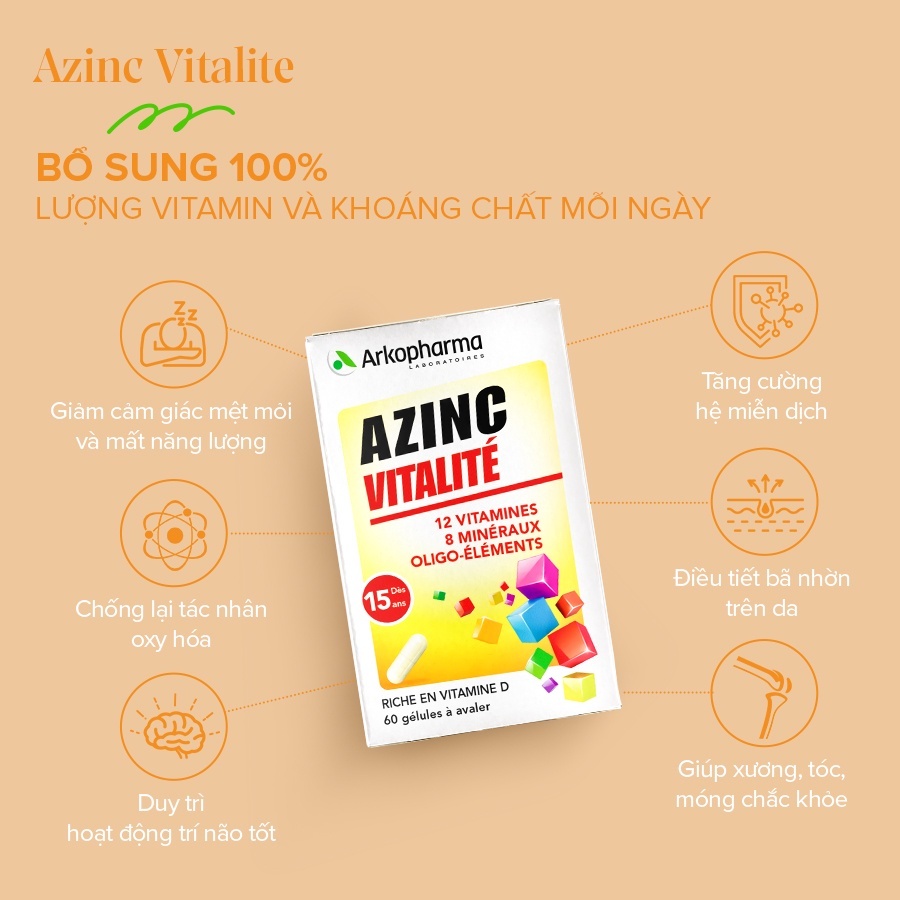 Viên uống vitamin và khoáng chất tổng hợp Arkopharma Azinc Adulte hộp 120 viên
