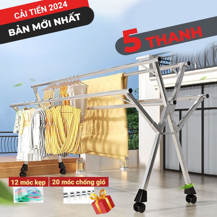 Sào phơi quần áo gấp gọn AVOHOME 5 thanh chính hãng loại giàn phơi có bánh xe treo quần áo cho gia đình