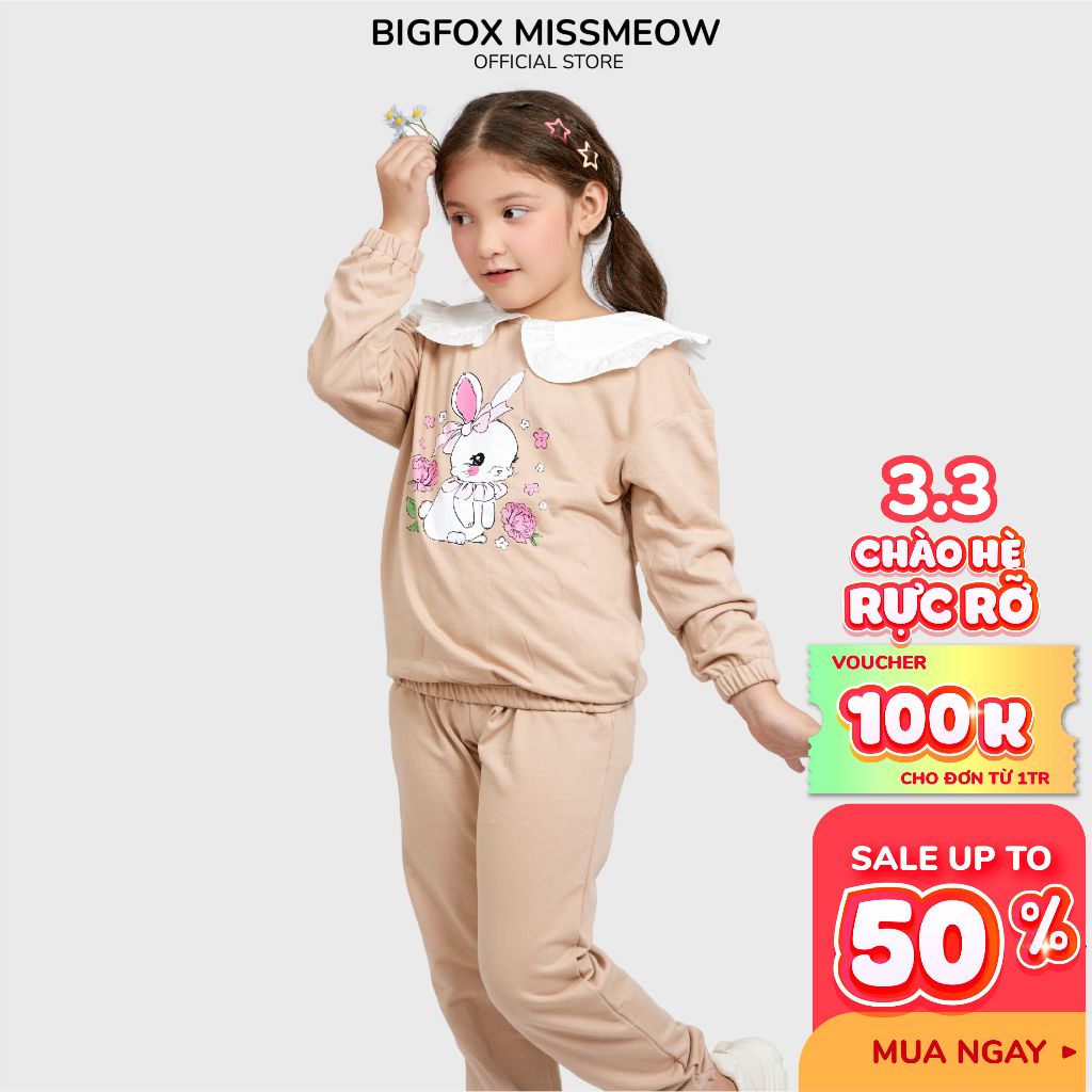 Bộ đồ thu đông cho bé gái Bigfox Miss Meow vải nỉ, cổ sen nữ tính kiểu Hàn Quốc size đại trẻ em 3,7,9,11 tuổi 39kg 1882