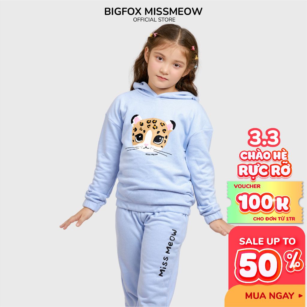 Bộ thu đông bé gái Bigfox Miss Meow kiểu dài tay có mũ chất nỉ phong cách Hàn Quốc size đại trẻ em 3,7,11 tuổi 35kg 1876