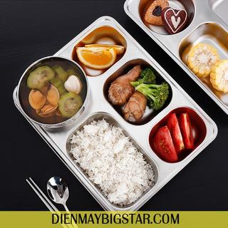 Khay cơm sâu lòng 5 ngăn inox - Khay cơm phần 5 ngăn inox 304 loại dày đựng thức ăn - khay cơm có nắp