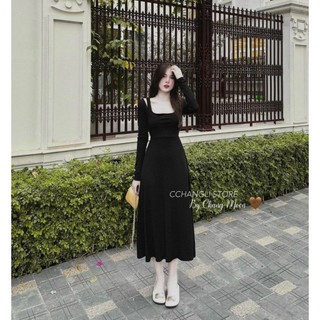 Đầm Nữ Đi Chơi Chất Tăm Lạnh Thời Trang Thiết Kế Cổ Vuông Tay Dài Nhấn Eo Váy Xòe Đuôi Cá Tiểu Thư Sang Trọng