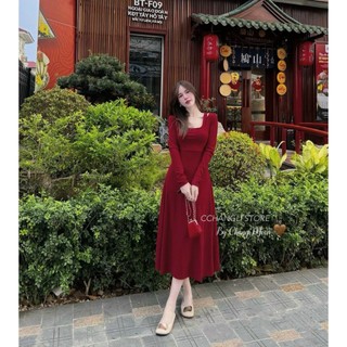 Đầm Maxi Đi Dạo Chất Tăm Lạnh Dài Tay Cổ Vuông Hai Lớp Bo Eo Váy Xòe Xinh Xắn Nữ Tính