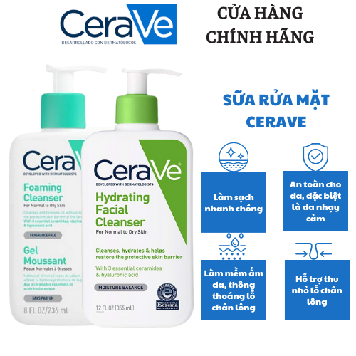 Sữa Rửa Mặt CeraVe Hydrating, Foaming Cleanser - Dành Cho Da Dầu Mụn, Khô, Nhạy Cảm Size 236ml