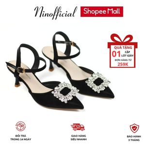 Giày cao gót mũi nhọn Ninshoes cao 5 phân hoa đá vuông to quai cài bên hông hở gót chuẩn size ôm chân CGM0206