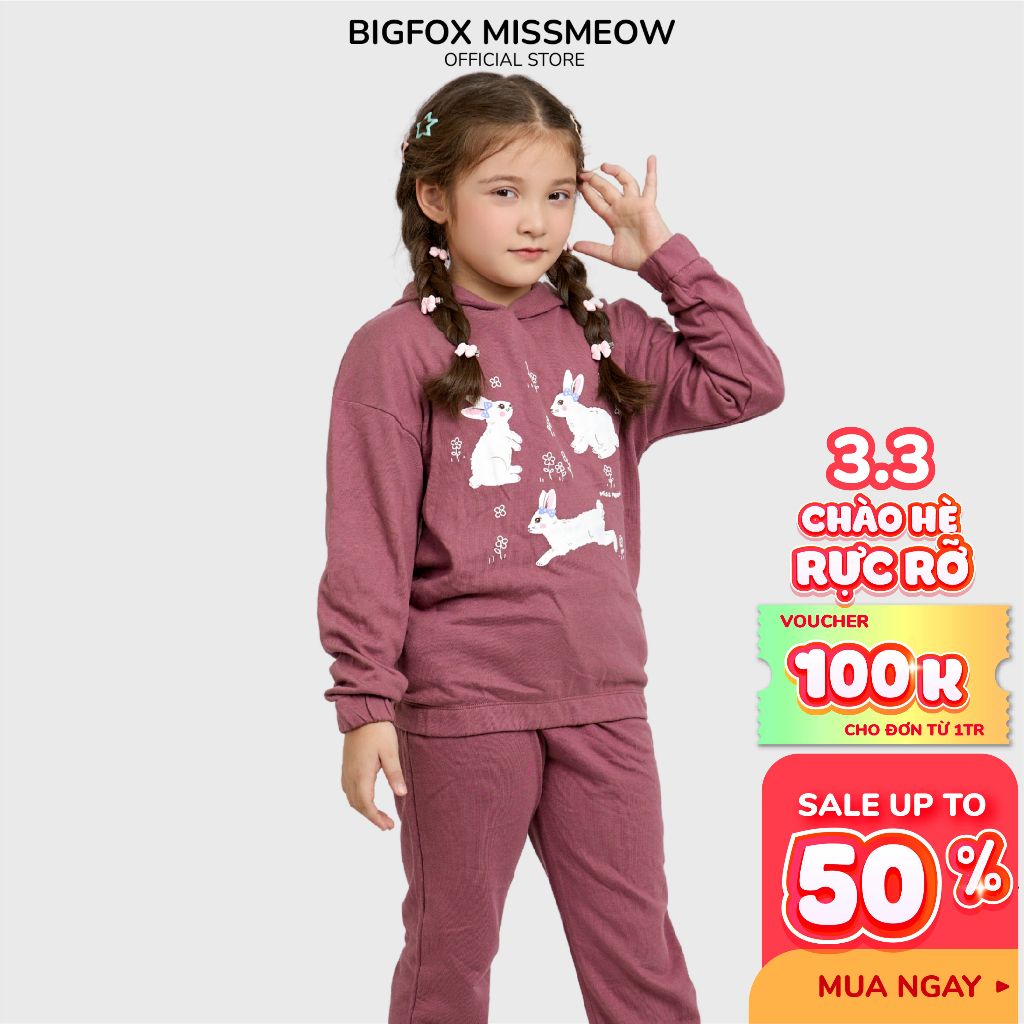 Bộ thu đông bé gái Bigfox Miss Meow phom Hàn Quốc kiểu dài tay có mũ nỉ da cá size đại trẻ em 3,5,7,11 tuổi 40kg 1859