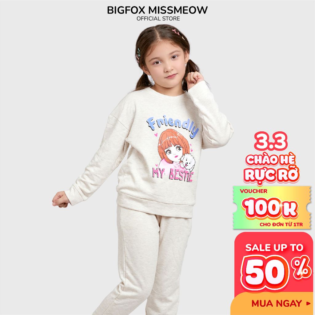 Bộ thu đông cho bé gái Bigfox Miss Meow chất nỉ da cá phong cách Hàn Quốc size đại trẻ em 3,7,9,11 tuổi 39kg LHD1867