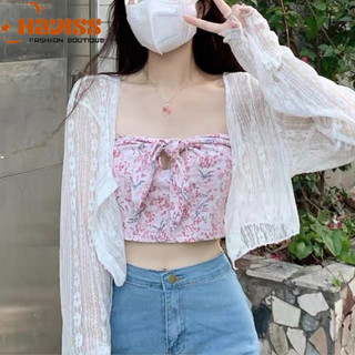 Áo khoác cardigan len mỏng Haviss croptop thiết kế dài tay áo lưới họa tiết hoa ren nổi phong cách Hàn Quốc