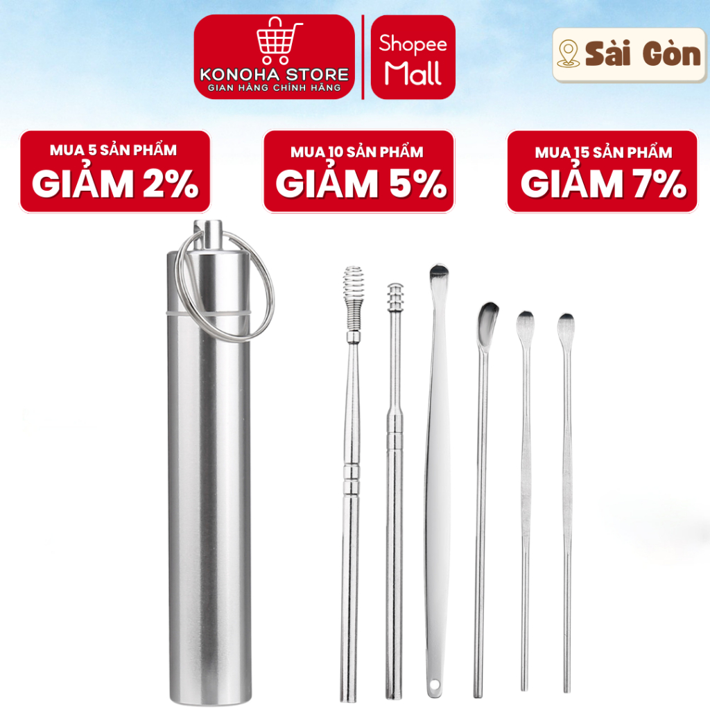 Bộ Dụng Cụ Lấy Ráy Tai 6 Món KONOHA, Chất Liệu Thép Không Gỉ Kèm Hộp Thép Có Móc Treo Đa Năng