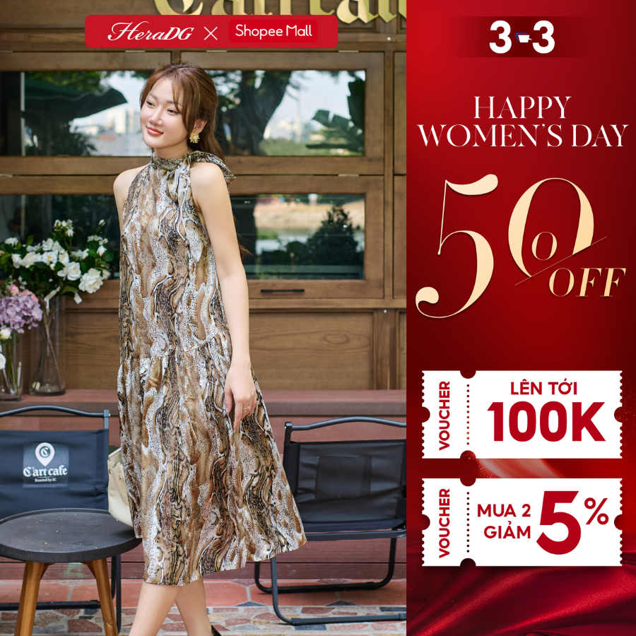 Đầm Nữ Sát Nách Màu Nâu Thiết Kế Dáng Xòe Kết Hợp Nơ Cổ Nữ Tính, Chất Liệu Tơ Cao Cấp, Mềm Mại HeraDG SDPBC6127
