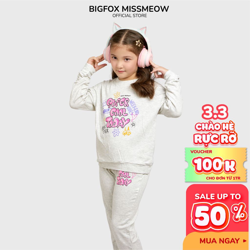 Bộ thu đông bé gái Bigfox Miss Meow phom Hàn Quốc kiểu dài tay chất nỉ, da cá size đại trẻ em 3,5,7,11 tuổi 40kg 1854