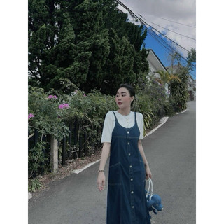 [Kim Clothing] Set đầm hai dây yếm form suông đính nút 2 túi + áo thun gân tăm tay con