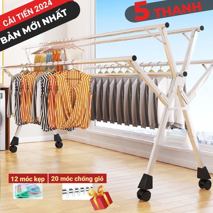 Giá Phơi Quần Áo Gấp gọn Thông Minh 5 thanh, giàn phơi inox kiểu dáng sào phơi đồ có bánh xe