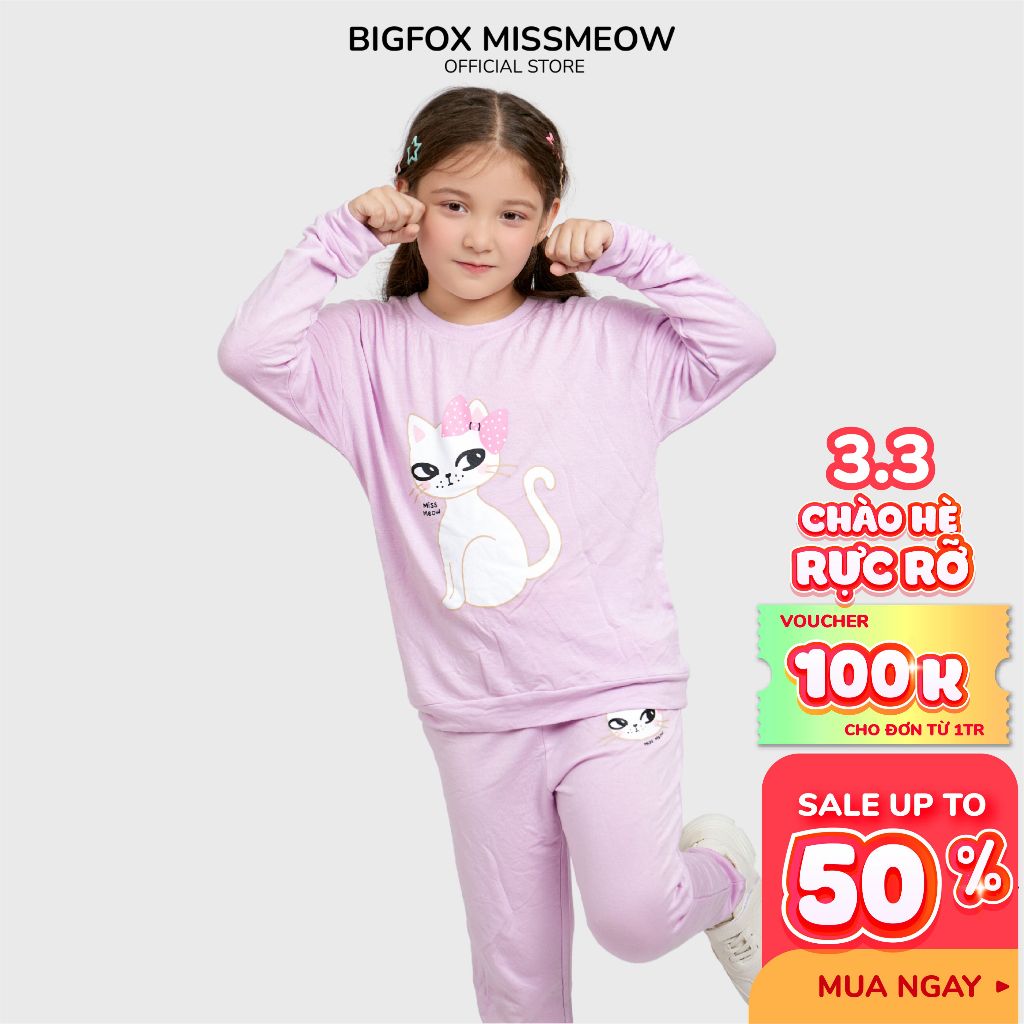 Bộ thu đông cho bé gái Bigfox Miss Meow dài tay chất nỉ, da cá style Hàn Quốc dễ thương size đại trẻ em 3,7,11 tuổi 30kg