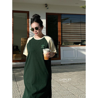 Đầm suông cotton dáng dài, váy thun co dãn tay kẻ sọc màu xanh lá form rộng thời trang