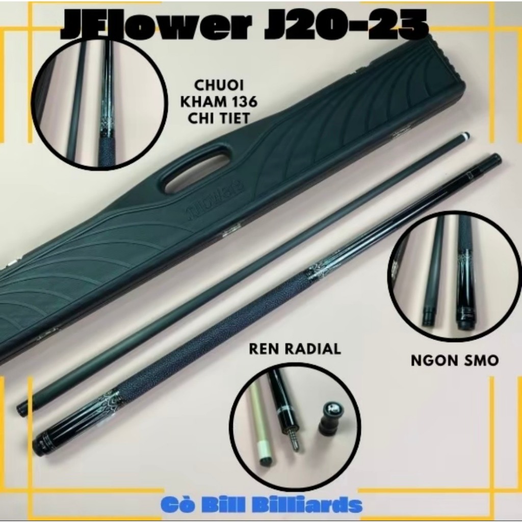 (Hiếm) Cơ bida lỗ JFlower J20 23 (chuôi khảm vỏ sò 136 chi tiết)