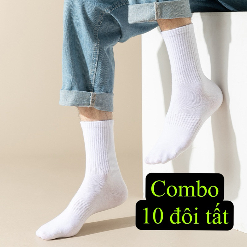 Combo 10 đôi Tất Vớ Trắng Đen Thể Thao Cổ Cao Nam Nữ Vải Dệt Kim