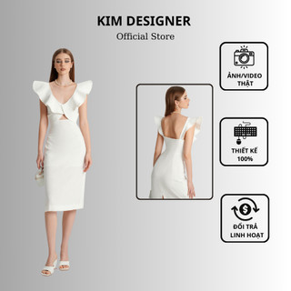 Đầm thiết kế cao cấp chất liệu đũi, váy thiết kế sang chảnh phù hợp mặc đi tiệc, phối bèo hai bên vai KIM DESIGNER D004