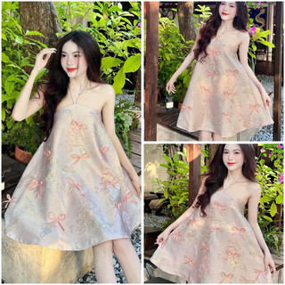 Đầm gấm cổ yếm đính nơ