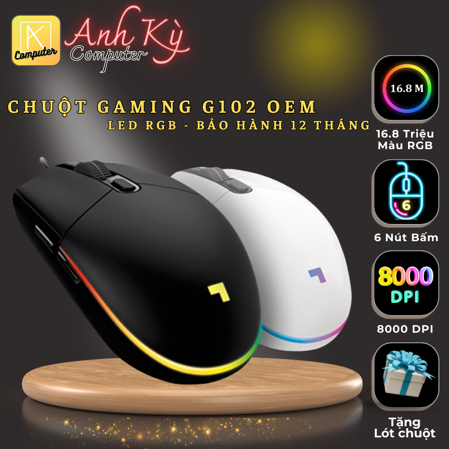 Chuột chơi game G102 OEM, chuột máy tính có dây 8000 dpi LED RGB đổi màu - Bảo hành 12 Tháng