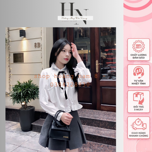 Áo sơ mi nữ dài tay kèm nơ, áo sơ mi nữ màu trắng siêu đẹp đính kèm nơ đen siêu dễ thương by Cimie C