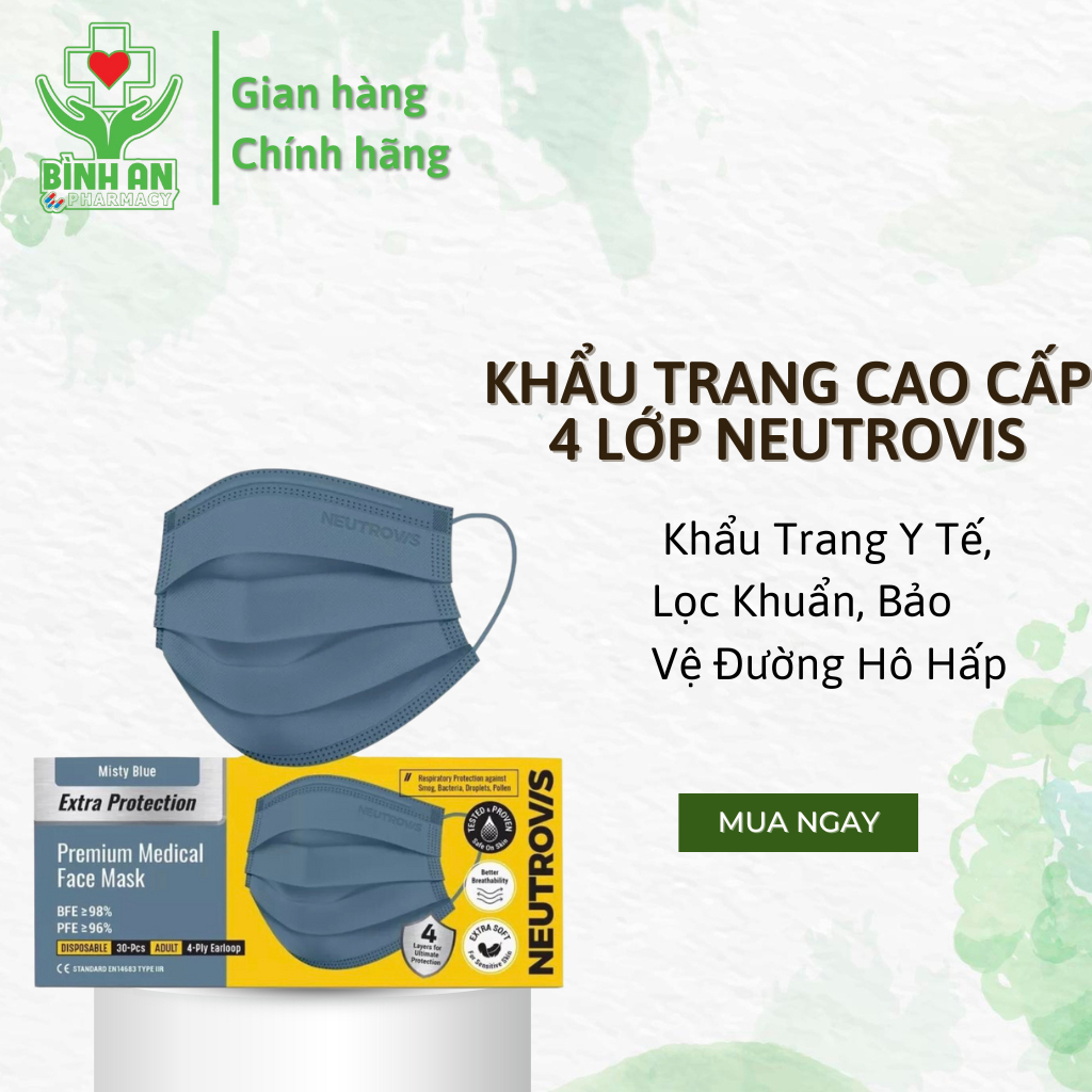 Khẩu Trang Cao Cấp 4 Lớp Kháng Khuẩn Neutrovis - Khẩu Trang Y Tế, Lọc Khuẩn, Bảo Vệ Đường Hô Hấp (30 Cái) - NT Bình An