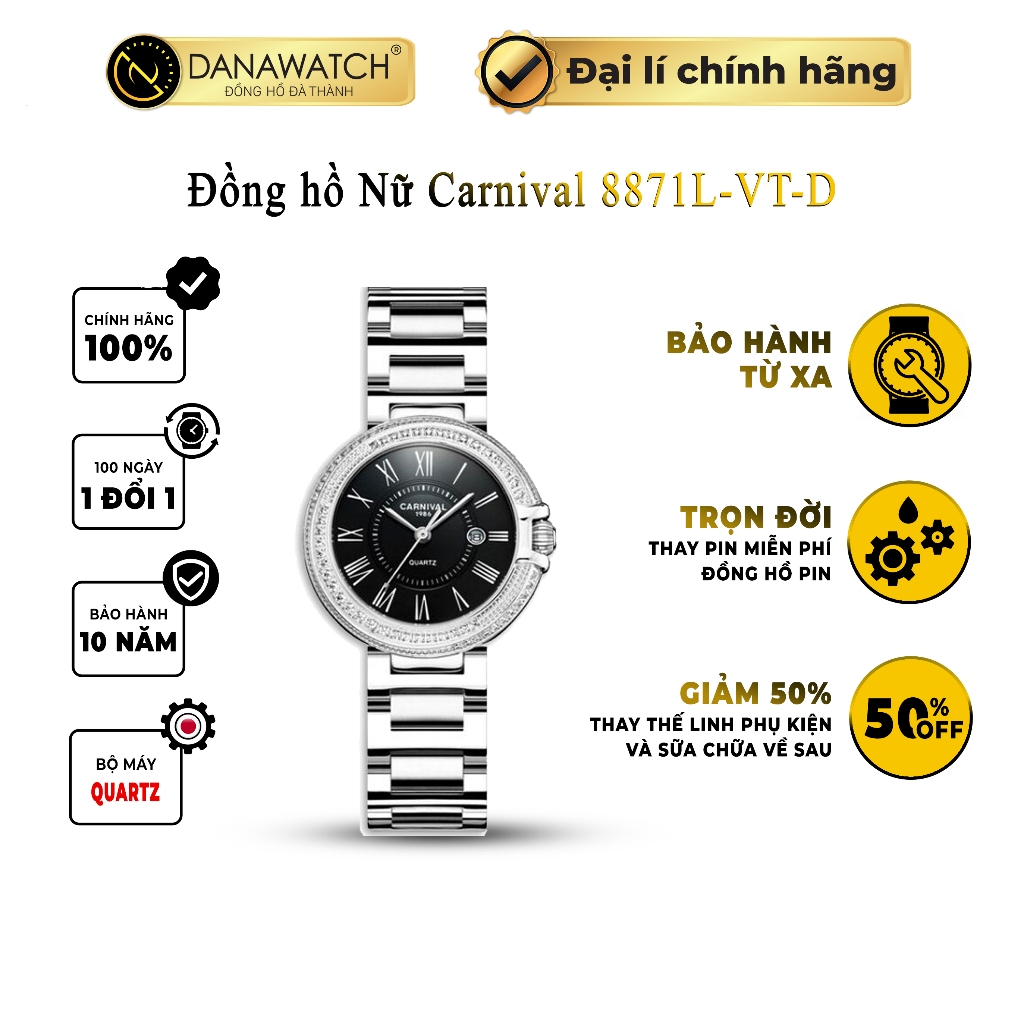 Đồng hồ nữ Carnival 8871L-VT-D máy Japan Miyota, kính sapphire, dây kim loại, chống nước, chính hãng