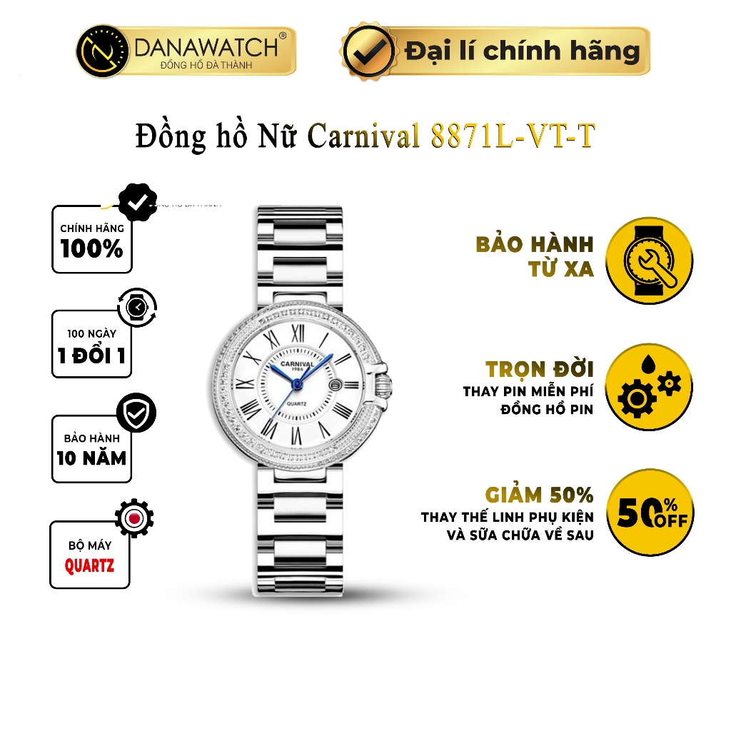 Đồng hồ nữ Carnival 8871L-VT-T máy Japan Miyota, kính sapphire, dây kim loại, chống nước, chính hãng