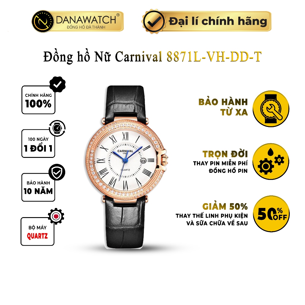 Đồng hồ nữ Carnival 8871L-VH-DD-T máy Japan Miyota, kính sapphire, dây da, chống nước, chính hãng