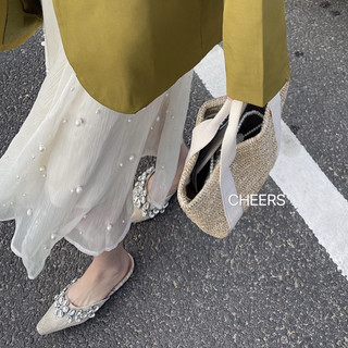 Chân váy midi tơ lụa Quảng Châu mix ngọc trai xinh vintage Hàn, Chân váy tiểu thư vintage
