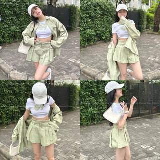 Set áo crop khoác jean kèm quần short belt xanh freesize Pumi 15609
