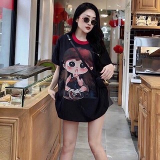 Áo phông phối cổ in cô gái chất cotton su form rộng túi zip