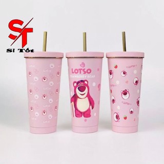 Ly Giữ Nhiệt Gấu Dâu LOTSO 750ML, Bình Giữ Nhiệt Inox 304 Tặng Kèm Ống Hút Cọ Vệ Sinh Và Túi Đựng Tiện Lợi