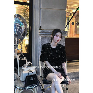 Áo Phông Nhung cộc Dài phối đá bi Thời Trang Dành Cho Nữ, áo phông nhung đính đá nữ