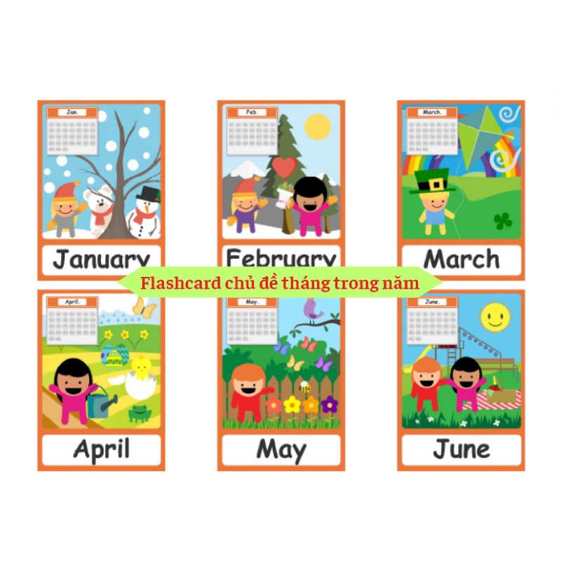 Bộ 12 thẻ học ép plastic chủ đề các tháng trong năm flashcard months size A5 giáo cụ dạy học tiếng a
