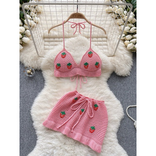 Set len lưới 2 mảnh mùa hè áo yếm & chân váy hình trái dâu