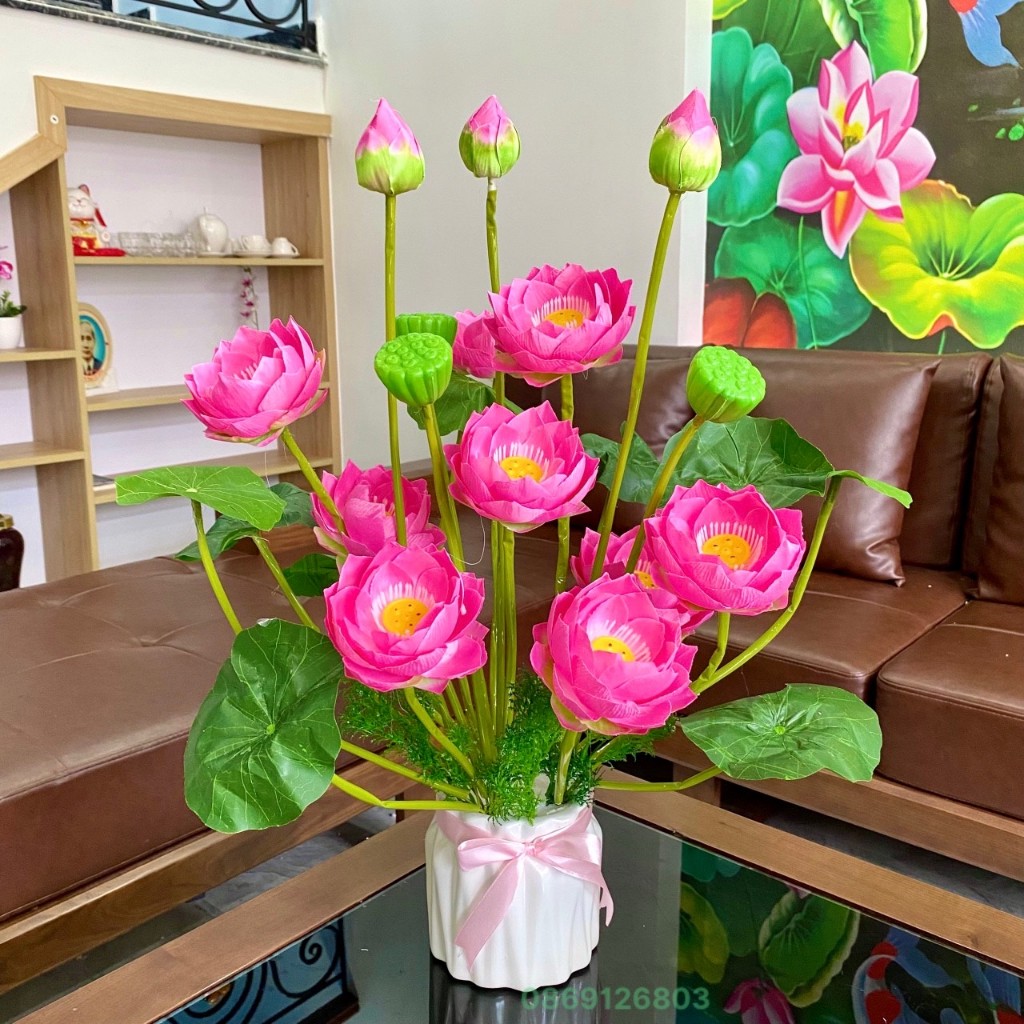Hoa giả cắm sẵn - Chậu hoa sen giả cao cấp kèm bình sứ trang trí phòng khách, phòng ngủ, bàn trà.