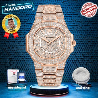 Đồng hồ nam hanboro 8025 khung bạc & khung vàng full đá size 40mm |tặng kèm bóp đựng đồng hồ