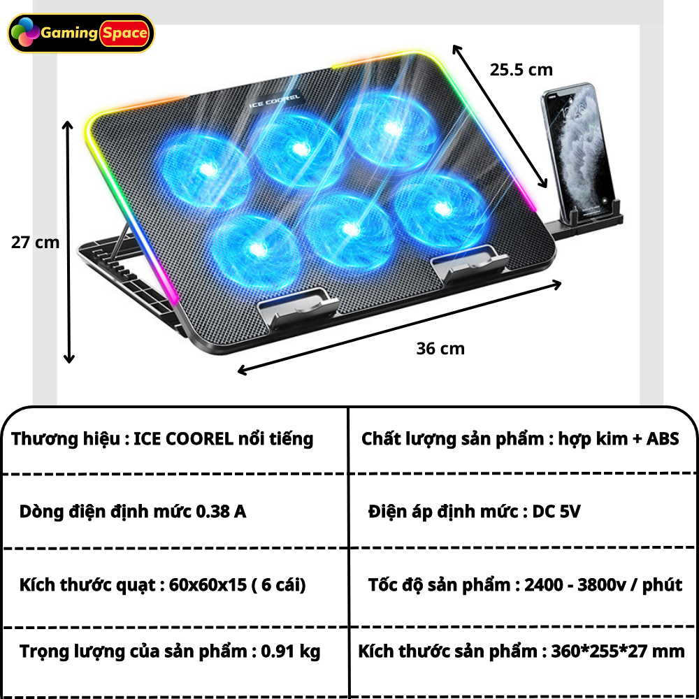 Đế Tản Nhiệt Laptop gaming, Tản Nhiệt Laptop Máy Tính A9 Led viền RGB, đế tản nhiệt cho laptop 13 inch đến 17 inch