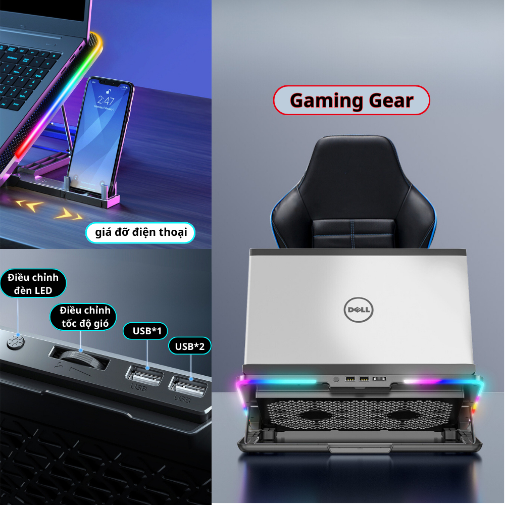 Đế Tản Nhiệt Laptop gaming, Tản Nhiệt Laptop Máy Tính A9 Led viền RGB, đế tản nhiệt cho laptop 13 inch đến 17 inch