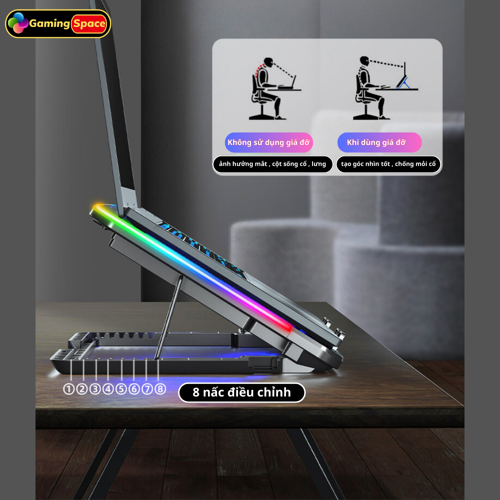 Đế Tản Nhiệt Laptop gaming, Tản Nhiệt Laptop Máy Tính A9 Led viền RGB, đế tản nhiệt cho laptop 13 inch đến 17 inch