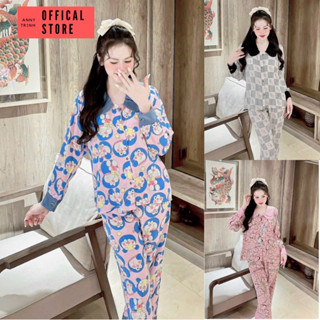 Bộ Pijama ngủ tay dài cổ sen AnnyTrinh, họa tiết mặc nhà chuẩn lụa mango mềm mịn freesize cho các nàng