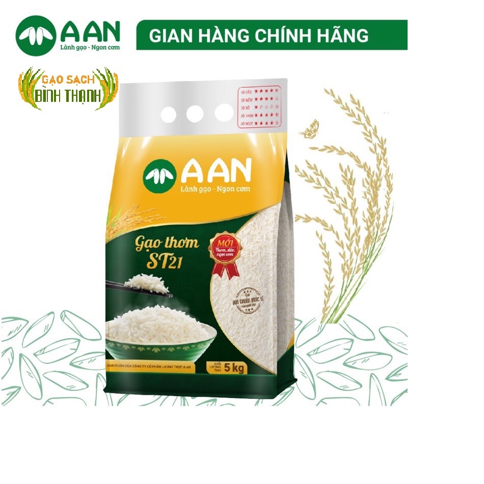 Gạo ST21 A AN Túi 5Kg - Đặc sản Sóc Trăng - Thơm hoa lài nhẹ, cơm ngọt, rất dẻo, để nguội vẫn mềm